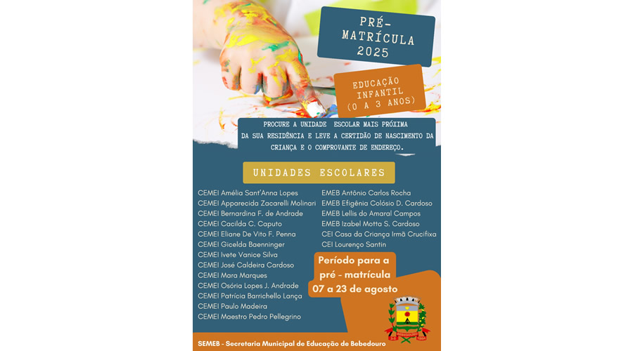 SEMEB realiza 1ª Chamada Pública para matrícula na Educação Infantil I em 2025